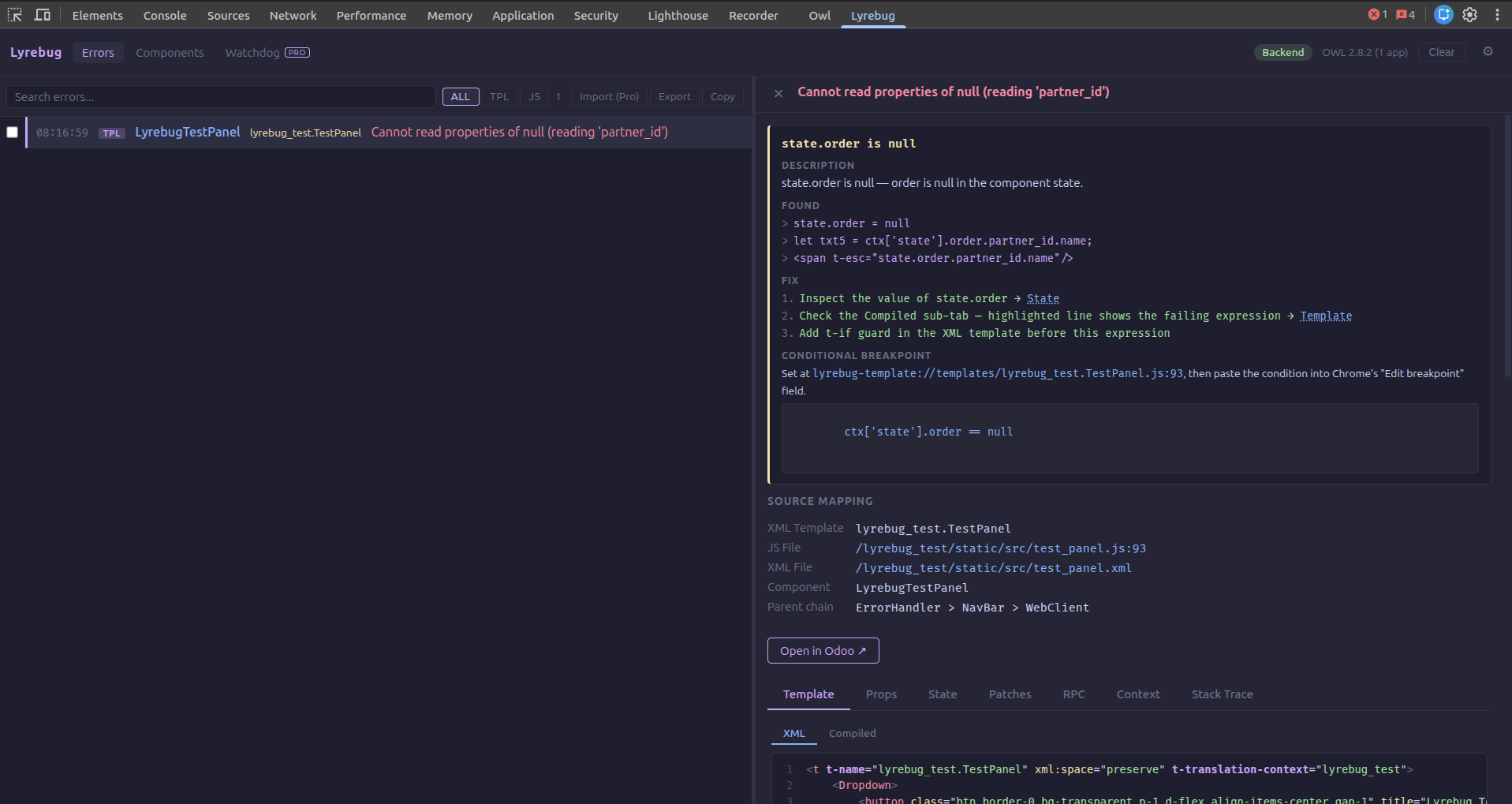 The Lyrebug DevTools panel surfacing the exact component, template and line behind an Odoo OWL error.
